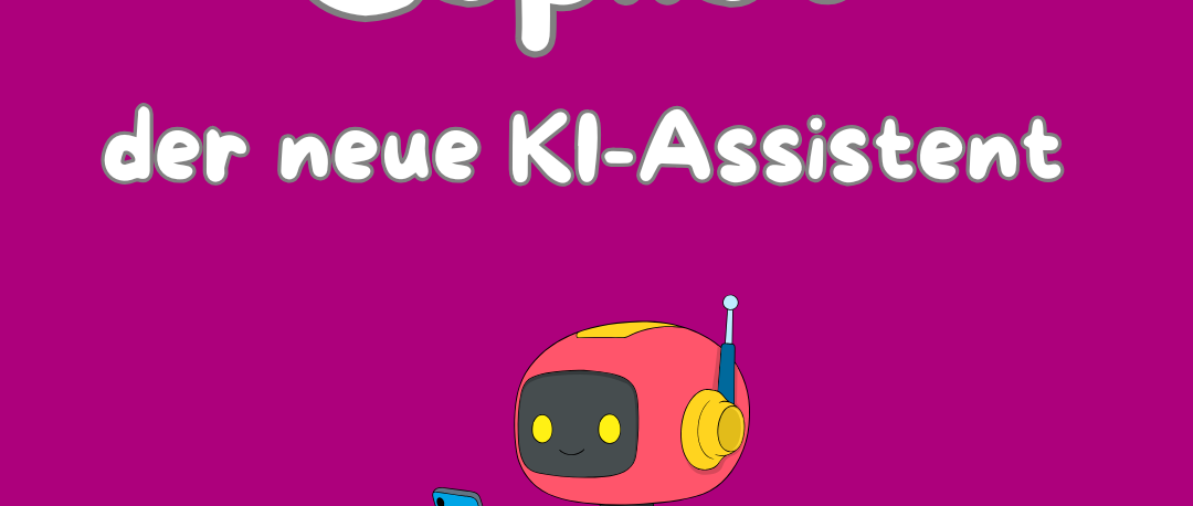Ein Roboter unter dem Text Copilot der neue KI-Assistent. Dies ist in einem lila Hintergrund eingebettet und mit dem Universität Augsburg Logo versehen.